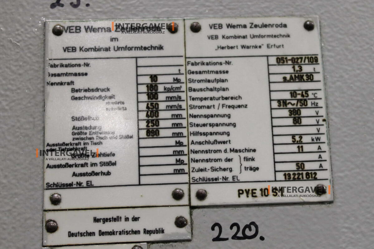 Hidraulikus prés - VEB, PYE 10 S1 2