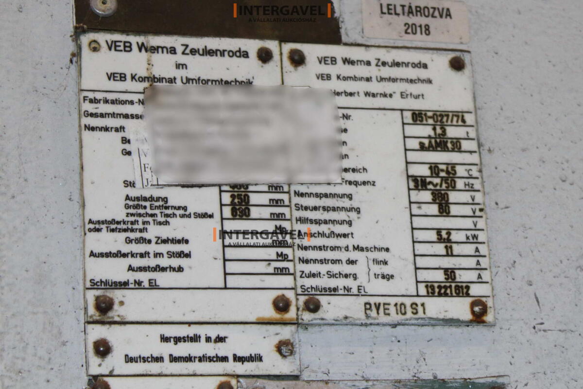 Hidraulikus prés - VEB, PYE 10 S1 2