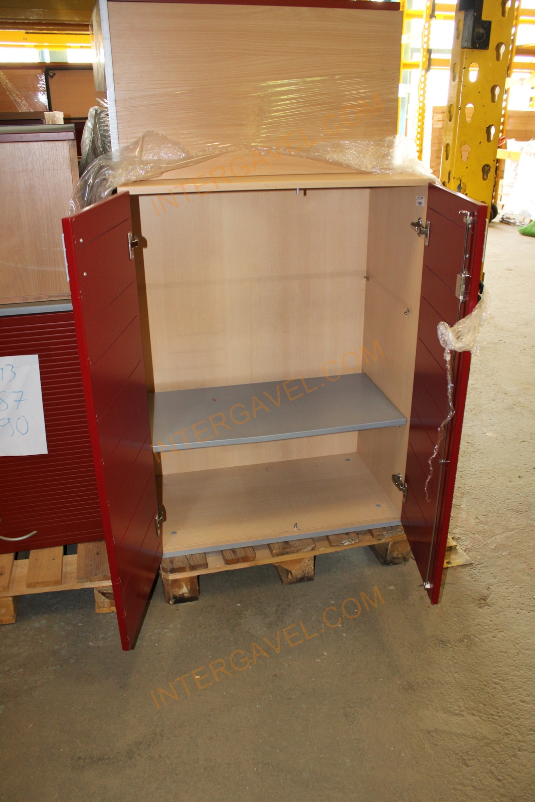 Shelf cabinet (red door-gray/beech top part-3 file rows) 17